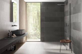 Bathroom with Masai tiles in dark colours