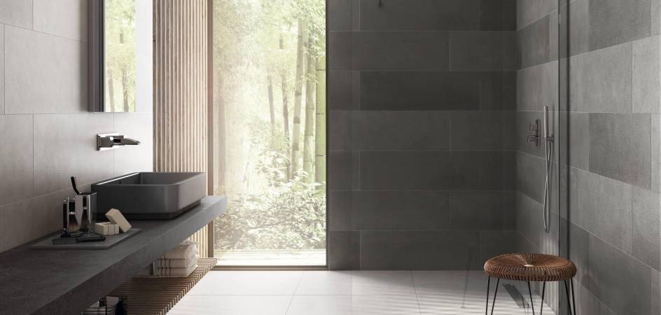 Bathroom with Masai tiles in dark colours