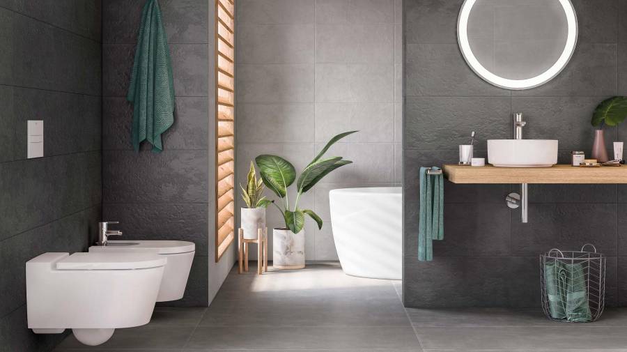 Bathroom with Plaster-Melt tiles in dark colours